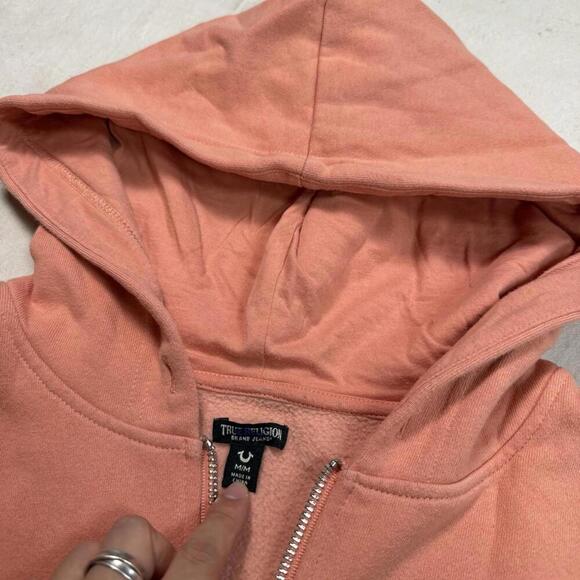 True Religion Pink Zip Hoodie M Metallic Logo Cropped Peach Pink  Y2K Streetwear - Picture 5 of 8